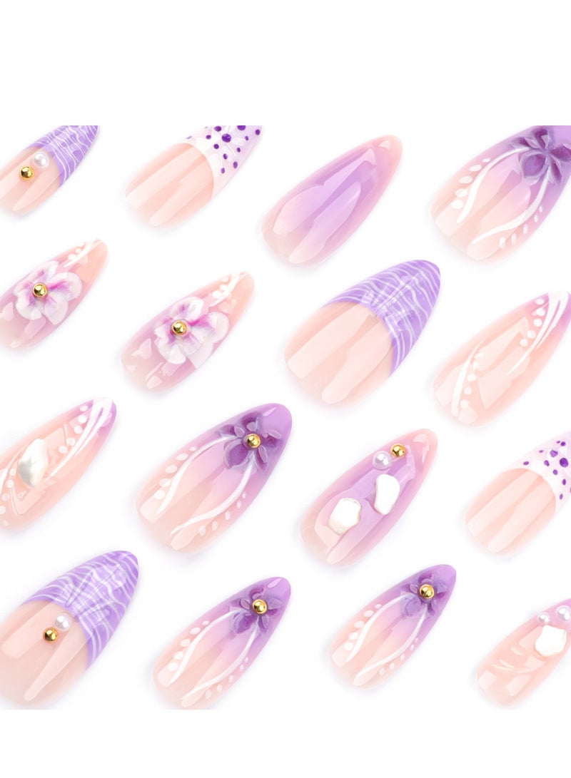JOSQUEWNN French Tip Press on Nails,24Pcs, Fresh Purple Ombre Nail Art with 3D Flower Design Almond-Shaped Press-On Nails, a Perfect Choice for Fashion and Elegance, Fake Acrylic Nails With Glue Kit. - Image 3