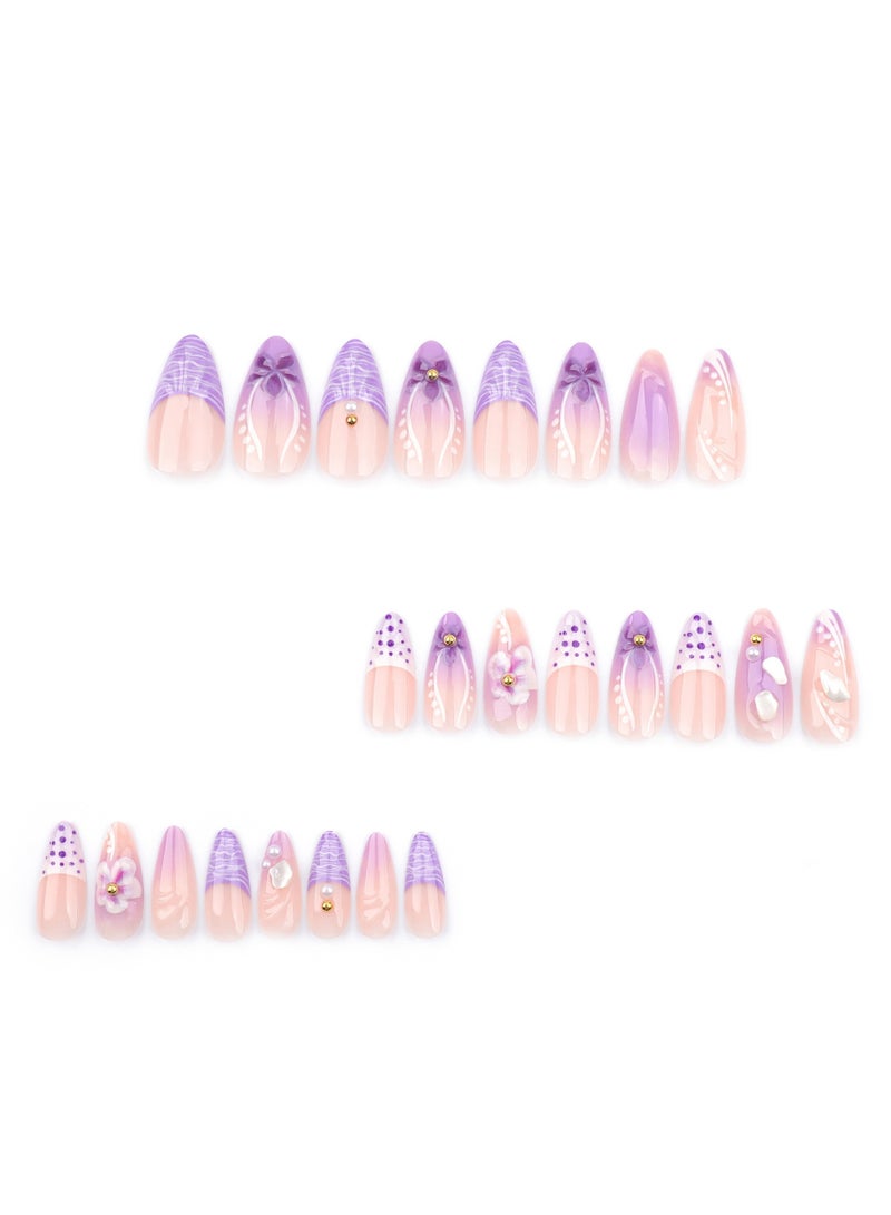 JOSQUEWNN French Tip Press on Nails,24Pcs, Fresh Purple Ombre Nail Art with 3D Flower Design Almond-Shaped Press-On Nails, a Perfect Choice for Fashion and Elegance, Fake Acrylic Nails With Glue Kit. - Image 5