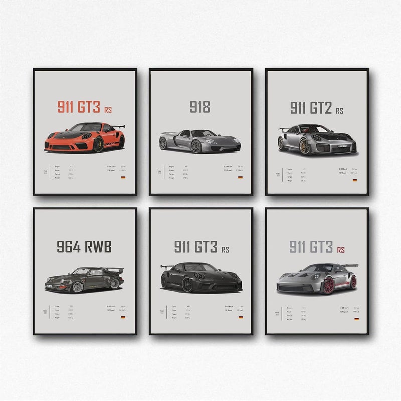 Dujoi Car Poster 911 GT3RS Posters Racing Car Wall Art Vintage Car Posters For Men Car Art Prints 911 Coated Paper Cardstock Prints(Unframe,Set Of 6,8x12inch) - Image 1