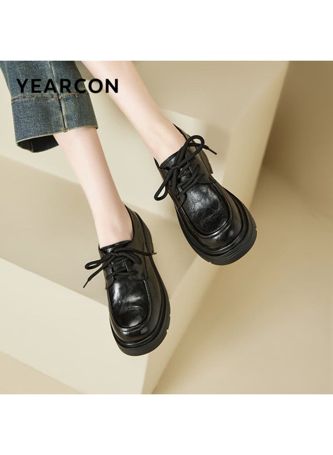 YEARCON Yierkang Thick-soled Small Leather Shoes Women's Autumn New British Style Lace-up Single Shoes Flat Loafers 26201w Black 40 - Image 2