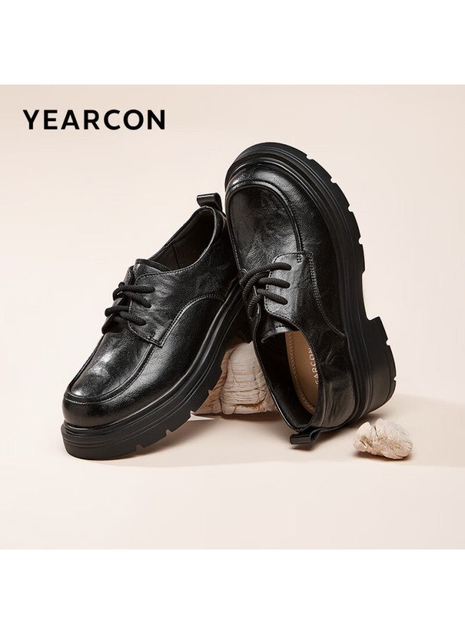 YEARCON Yierkang Thick-soled Small Leather Shoes Women's Autumn New British Style Lace-up Single Shoes Flat Loafers 26201w Black 40 - Image 1