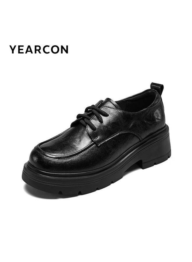 YEARCON Yierkang Thick-soled Small Leather Shoes Women's Autumn New British Style Lace-up Single Shoes Flat Loafers 26201w Black 40 - Image 3