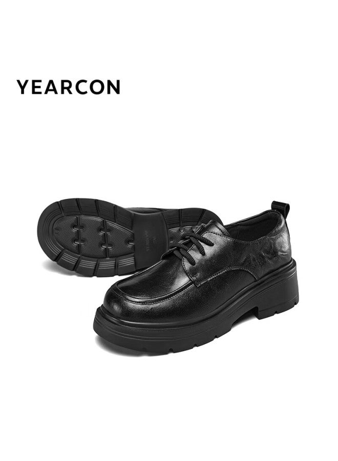YEARCON Yierkang Thick-soled Small Leather Shoes Women's Autumn New British Style Lace-up Single Shoes Flat Loafers 26201w Black 40 - Image 4