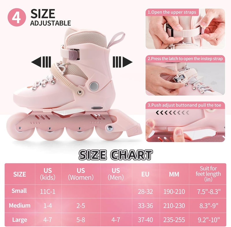 SWAY Adjustable Inline Skates for Kids and Teens - Light Up Wheels - Pink (Medium-Big Kid 1-4 US) - Image 2