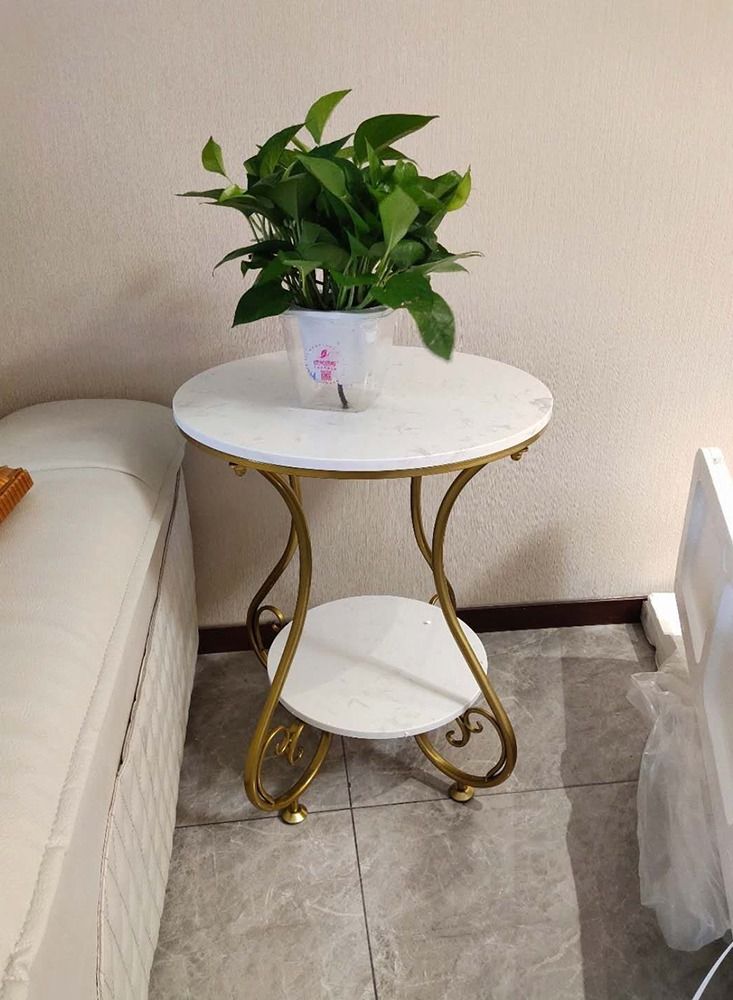 "Round mini table simple iron art coffee sofa European creative leisure living room balcony modernRound Marble Two Tier Living Room Coffee Table Tea Table " - Image 3