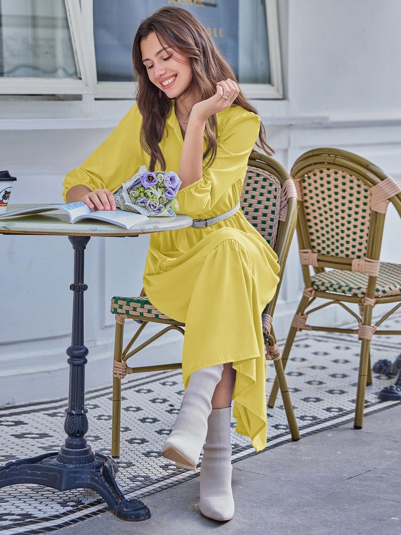 Wenrine Womens Casual 3/4 Sleeve Shirt Dress Button Down V Neck Tiered Collared Flowy Maxi Dress Yellow - Image 4