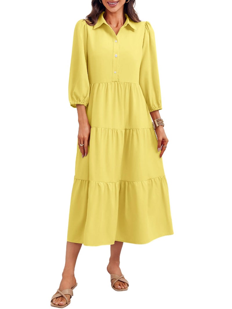 Wenrine Womens Casual 3/4 Sleeve Shirt Dress Button Down V Neck Tiered Collared Flowy Maxi Dress Yellow - Image 1