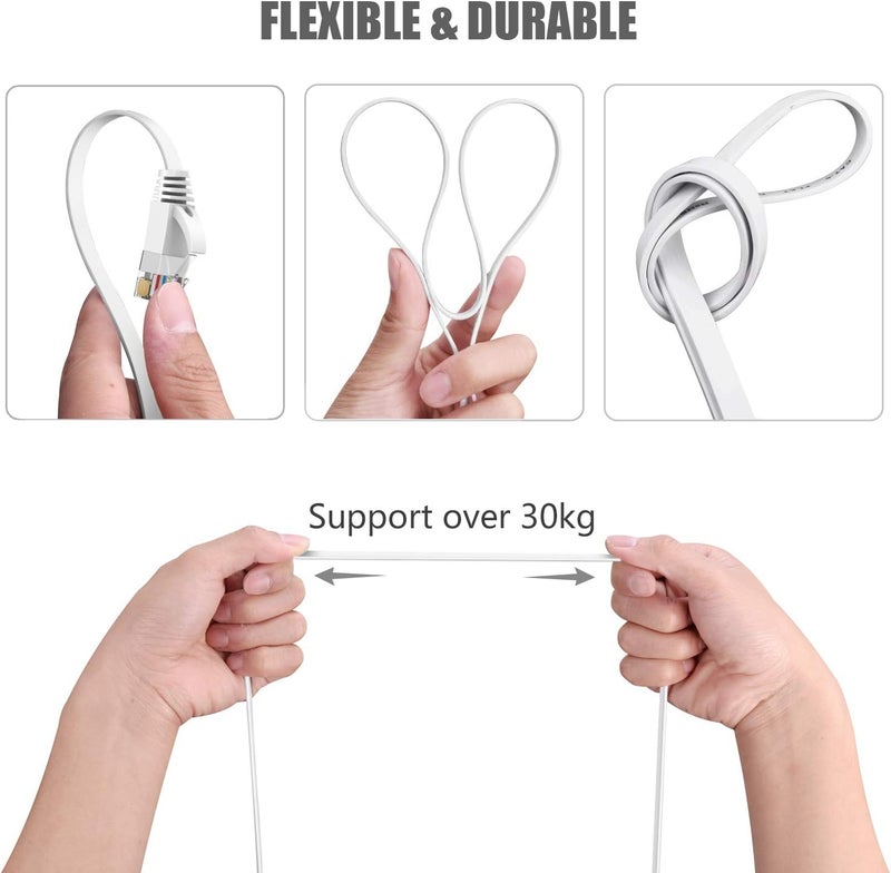 BUSOHE كابل إيثرنت Cat6 بطول 20 قدم أبيض، كابل تصحيح شبكة الإنترنت LAN RJ45 مسطح - 20 قدم - Image 4