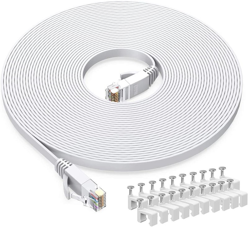 BUSOHE كابل إيثرنت Cat6 بطول 20 قدم أبيض، كابل تصحيح شبكة الإنترنت LAN RJ45 مسطح - 20 قدم - Image 1
