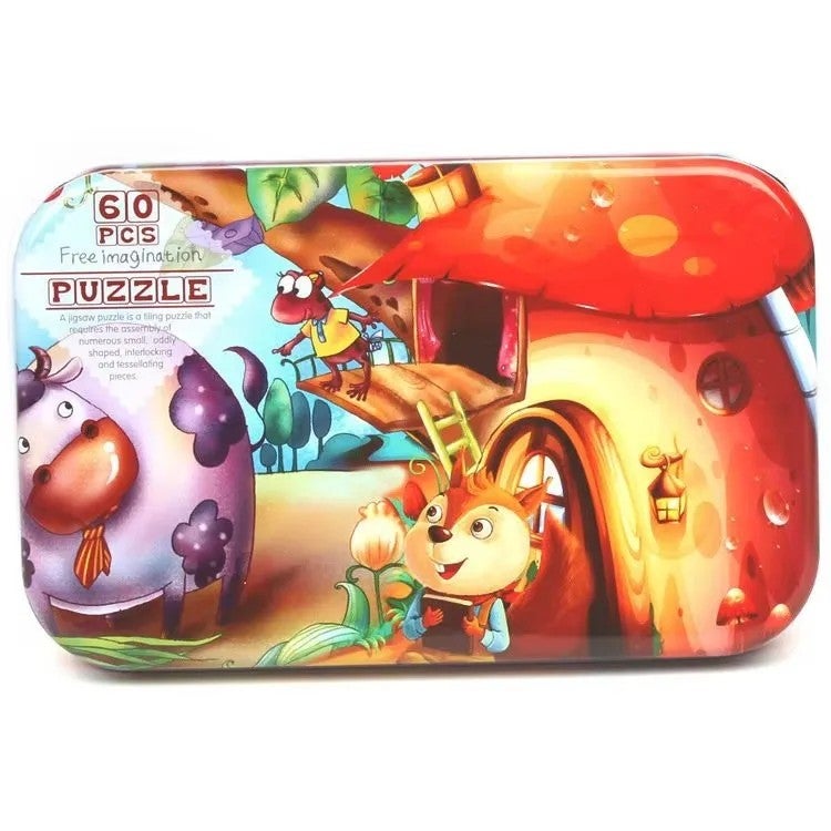 Bluejw Portable 60-Piece Cognitive Iron Box Early Montessori Cartoon Animal Jigsaw Puzzles for Preschool Kids - Image 1