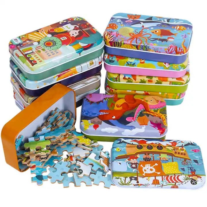 Bluejw Portable 60-Piece Cognitive Iron Box Early Montessori Cartoon Animal Jigsaw Puzzles for Preschool Kids - Image 3