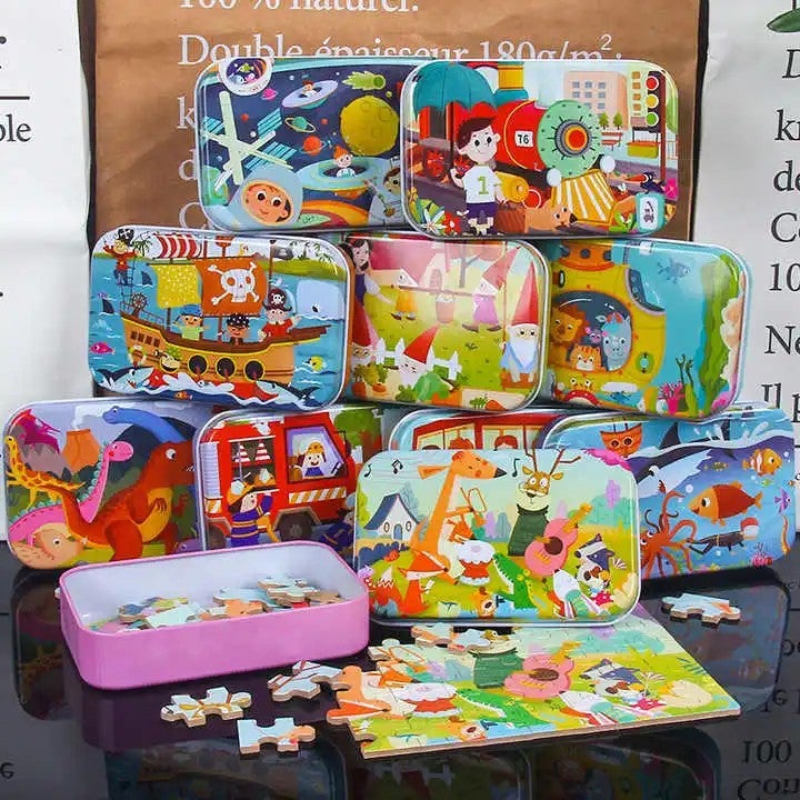 Bluejw Portable 60-Piece Cognitive Iron Box Early Montessori Cartoon Animal Jigsaw Puzzles for Preschool Kids - Image 2