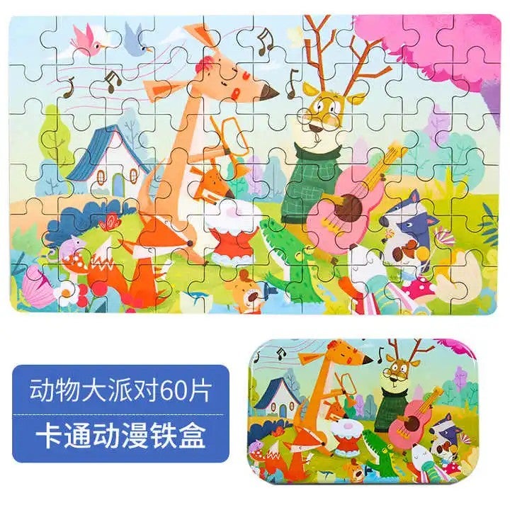 Bluejw Portable 60-Piece Cognitive Iron Box Early Montessori Cartoon Animal Jigsaw Puzzles for Preschool Kids - Image 5