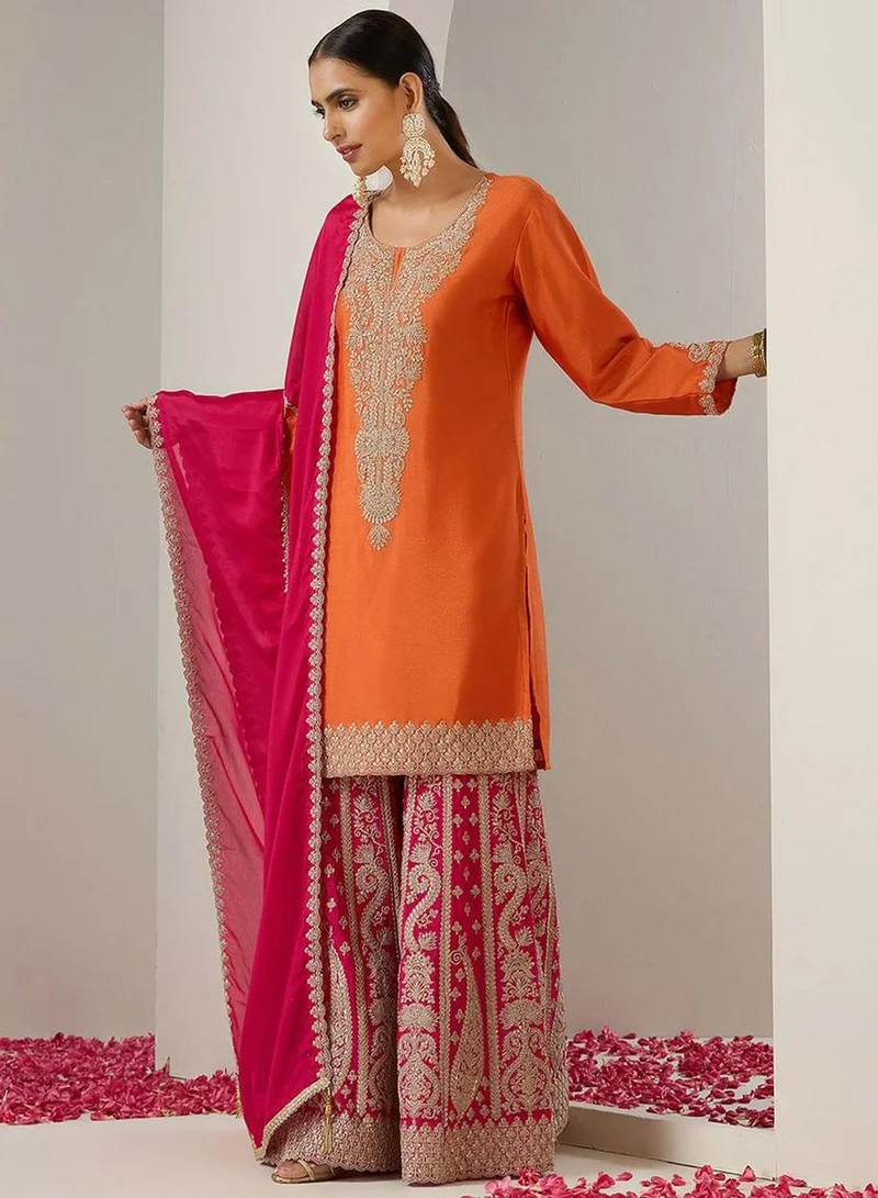ISHIN Orange Women'S Orange 100% Cotton Embroidered Straight Fit Kurta Set for Women | Best Price UAE