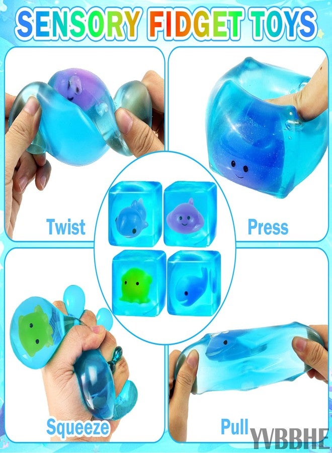 YVBBHE 4 Pack Blue Squeeze Cube with Luminous Sea ​​Animals Inside，Squishy Stress Fidget Gummy Toys ，Glow in The Dark Animal Maltose Sensory Toys for Kids Autism , Stress Balls for Anxiety Stress Relief - Image 3