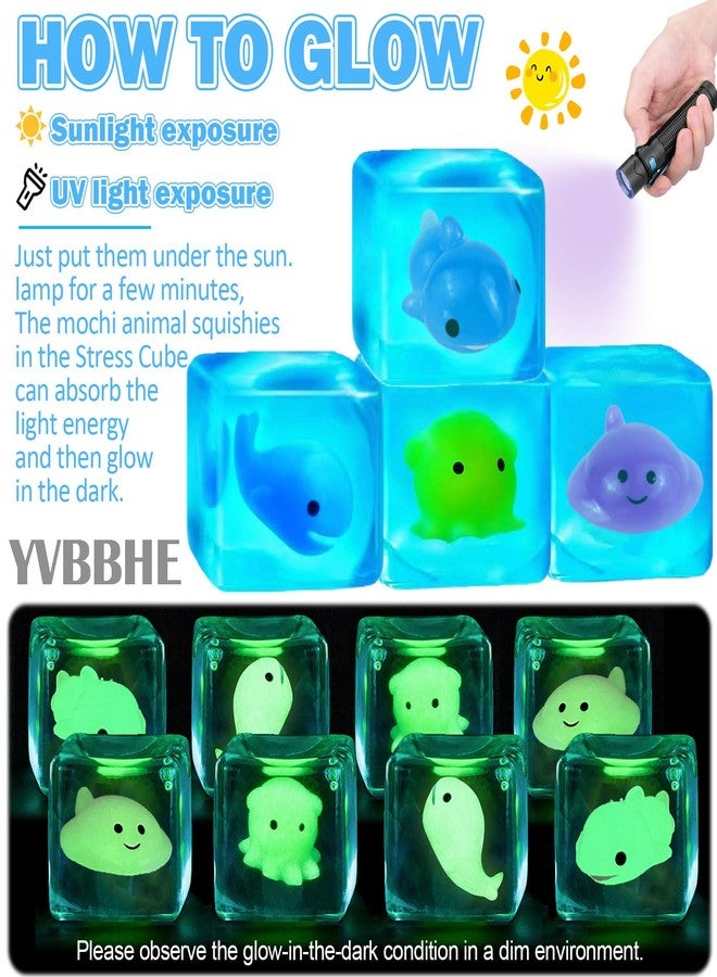 YVBBHE 4 Pack Blue Squeeze Cube with Luminous Sea ​​Animals Inside，Squishy Stress Fidget Gummy Toys ，Glow in The Dark Animal Maltose Sensory Toys for Kids Autism , Stress Balls for Anxiety Stress Relief - Image 4