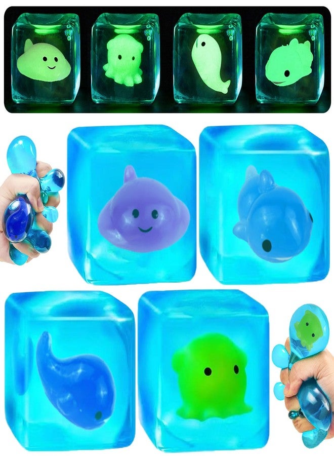 YVBBHE 4 Pack Blue Squeeze Cube with Luminous Sea ​​Animals Inside，Squishy Stress Fidget Gummy Toys ，Glow in The Dark Animal Maltose Sensory Toys for Kids Autism , Stress Balls for Anxiety Stress Relief - Image 1