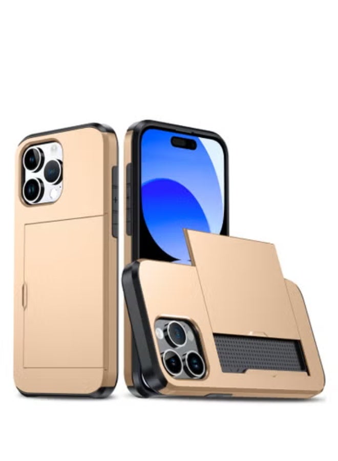 GULFLINK iPhone 15 Pro Max Case With Card Holder Heavy Duty Dual Layer Hidden Card Slot Slim Wallet Case Gold - Image 1