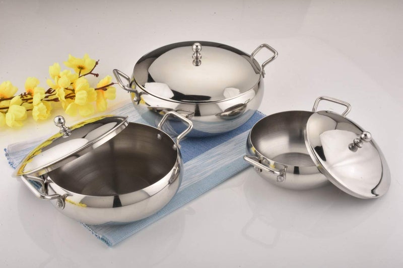 Amanda Premium Stainless Steel Handi Set with Lid | 3 Pc Set | Riveted Handles | Capacity 550ML, 950ML, 1550ML | Multipurpose Cook & Serve Set for Dining Table | Durable, Easy to Clean, Rust-Resistant - Image 1