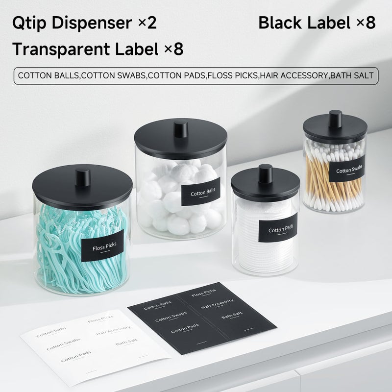 TIPGO Glass Qtip Holder Dispenser - 24 oz Clear Canister Jar, Bathroom Vanity Storage Organizer for Cotton Swabs, Pads, Floss Picks, Small Containers for Makeup Storage (Black) - Image 3