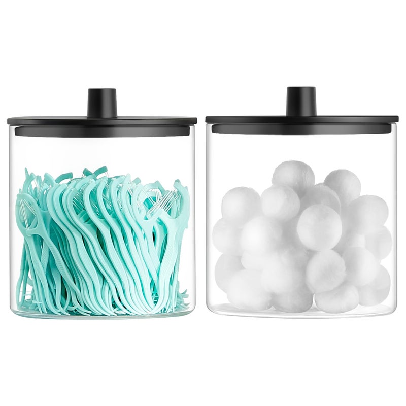 TIPGO Glass Qtip Holder Dispenser - 24 oz Clear Canister Jar, Bathroom Vanity Storage Organizer for Cotton Swabs, Pads, Floss Picks, Small Containers for Makeup Storage (Black) - Image 1