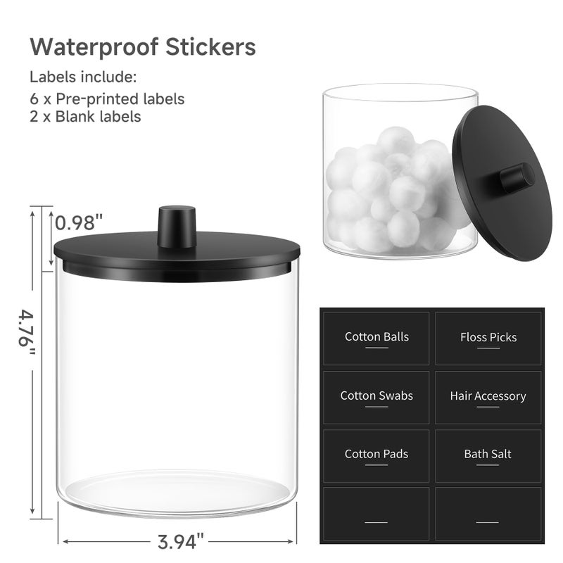 TIPGO Glass Qtip Holder Dispenser - 24 oz Clear Canister Jar, Bathroom Vanity Storage Organizer for Cotton Swabs, Pads, Floss Picks, Small Containers for Makeup Storage (Black) - Image 4