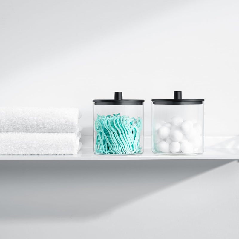 TIPGO Glass Qtip Holder Dispenser - 24 oz Clear Canister Jar, Bathroom Vanity Storage Organizer for Cotton Swabs, Pads, Floss Picks, Small Containers for Makeup Storage (Black) - Image 2