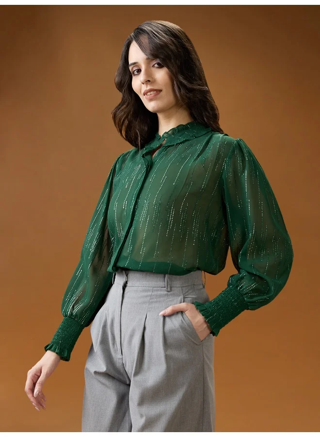 globus Globus Women Green Frilled Neck Bishop Sleeves Sequinned detail Georgette Shirt Style Top