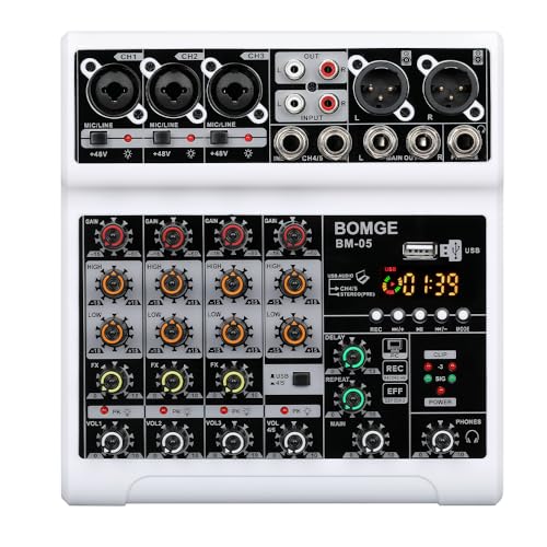 BOMGE Audio Mixer, Sound Board Mixing Console with 5 Channel Digital USB Bluetooth Echo Delay Effect, 48V Phantom Power Stereo DJ Mixers for Recording, Live Streaming, Podcasting (BM-05-W) - Image 1