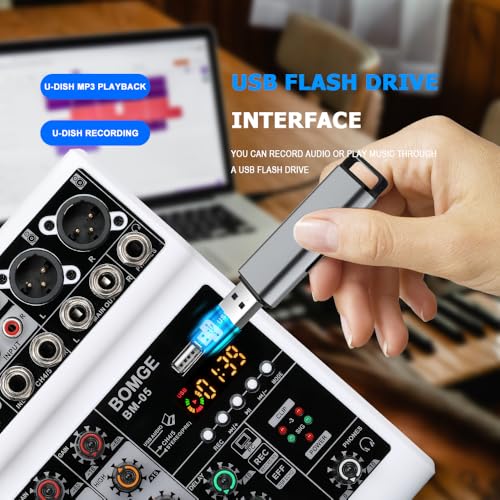 BOMGE Audio Mixer, Sound Board Mixing Console with 5 Channel Digital USB Bluetooth Echo Delay Effect, 48V Phantom Power Stereo DJ Mixers for Recording, Live Streaming, Podcasting (BM-05-W) - Image 4