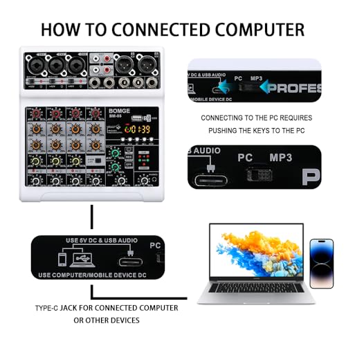 BOMGE Audio Mixer, Sound Board Mixing Console with 5 Channel Digital USB Bluetooth Echo Delay Effect, 48V Phantom Power Stereo DJ Mixers for Recording, Live Streaming, Podcasting (BM-05-W) - Image 5