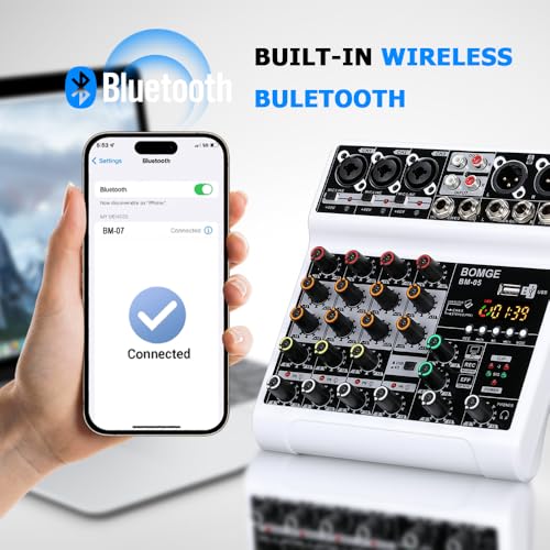 BOMGE Audio Mixer, Sound Board Mixing Console with 5 Channel Digital USB Bluetooth Echo Delay Effect, 48V Phantom Power Stereo DJ Mixers for Recording, Live Streaming, Podcasting (BM-05-W) - Image 2