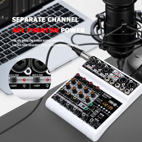 BOMGE Audio Mixer, Sound Board Mixing Console with 5 Channel Digital USB Bluetooth Echo Delay Effect, 48V Phantom Power Stereo DJ Mixers for Recording, Live Streaming, Podcasting (BM-05-W) - Image 3