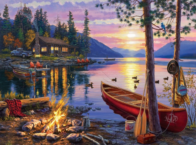 Buffalo Games - Canoe Lake 1000 Piece Puzzle for Adults - Jigsaw Puzzles â€“ Darrell Bush Cabin Sunset Artwork with Poster â€“ Challenging Outdoor Nature Scene - Image 1