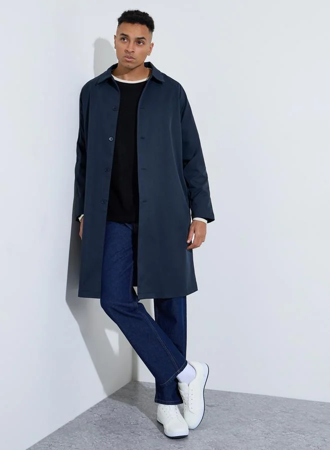 Styli Navy Blue Solid Regular Fit Button-Up Trench Coat