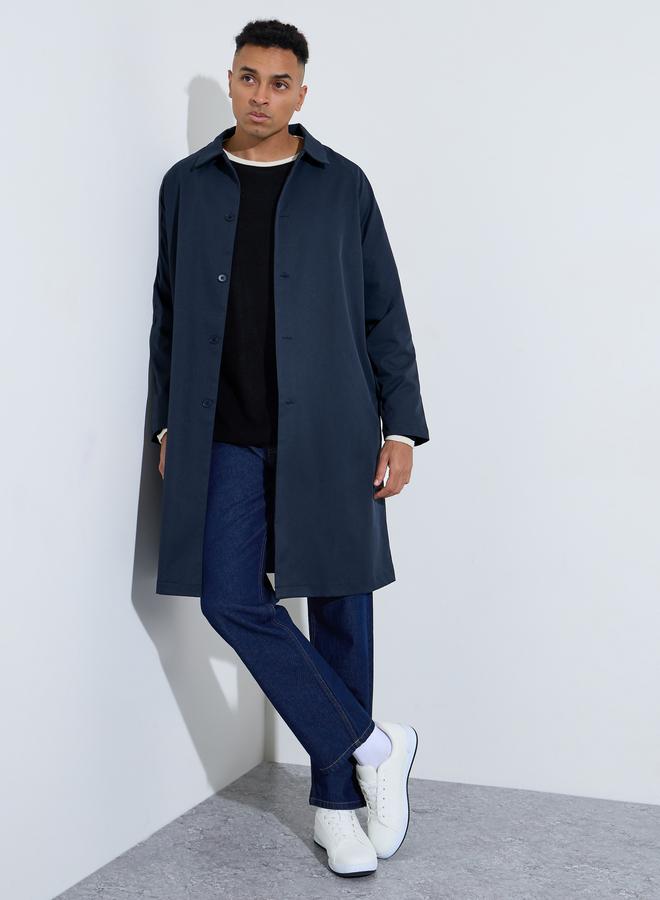 Styli Navy Blue Solid Regular Fit Button-Up Trench Coat - Image 2