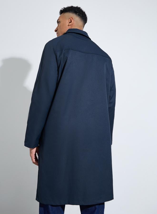 Styli Navy Blue Solid Regular Fit Button-Up Trench Coat - Image 5
