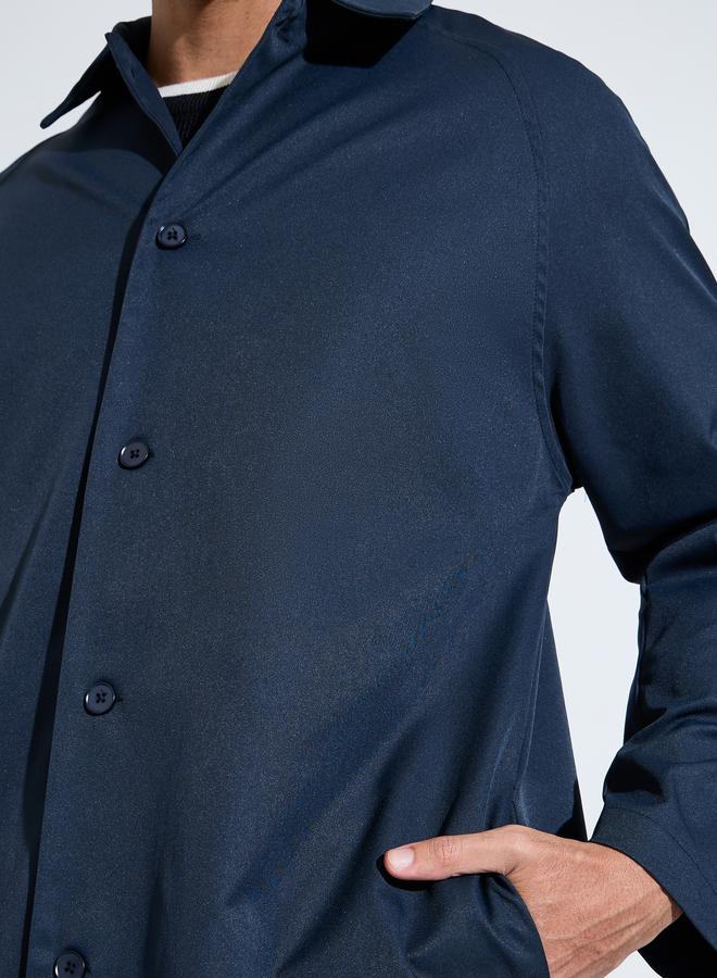 Styli Navy Blue Solid Regular Fit Button-Up Trench Coat - Image 4