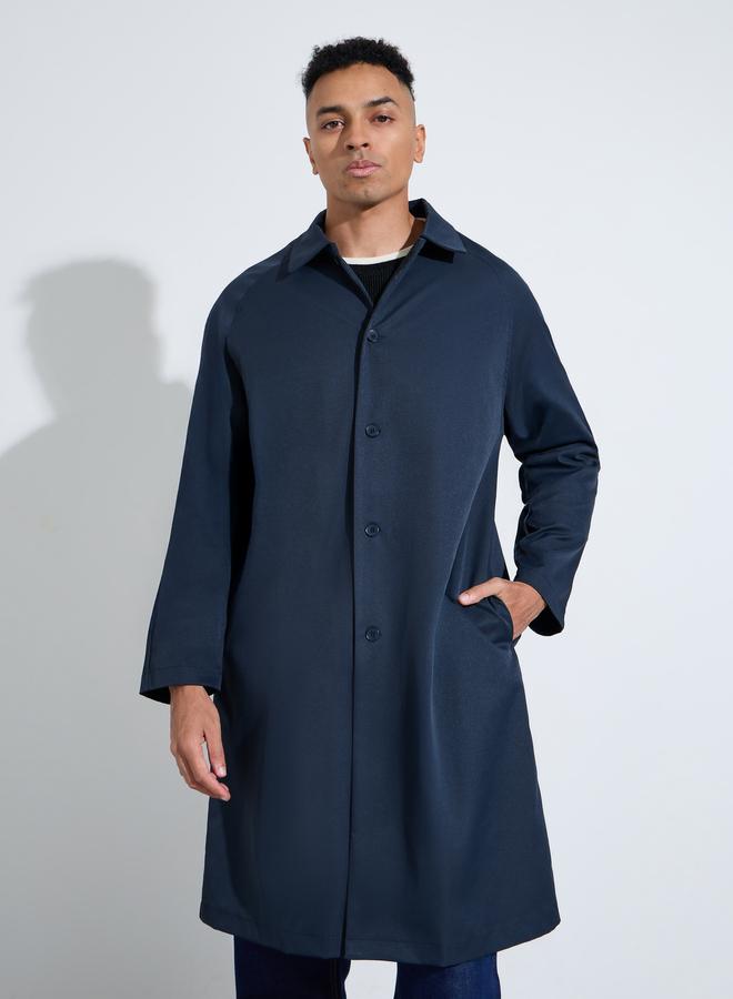 Styli Navy Blue Solid Regular Fit Button-Up Trench Coat - Image 3