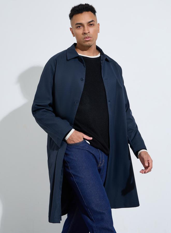 Styli Navy Blue Solid Regular Fit Button-Up Trench Coat - Image 1