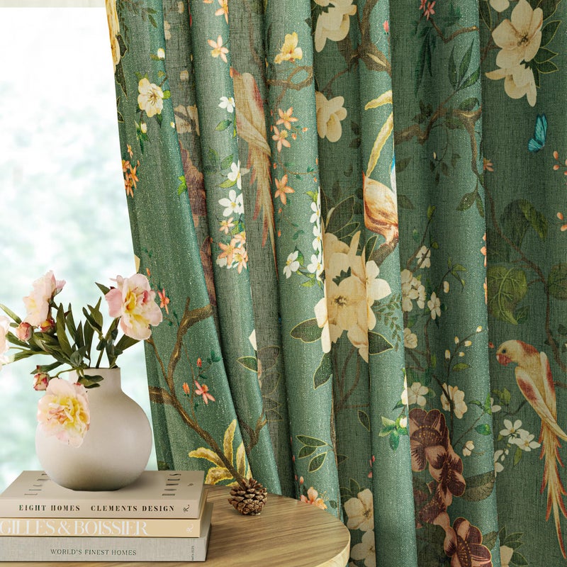 Seeluck Spring Boho Olive Green Floral Linen Curtains 90 Inches Long for Living Room 2 Panels Light Filtering Semi Sheer Back Tab Bird Leaf Butterfly Patterned Farmhouse Window Drapes Bedroom Dining Room - Image 1