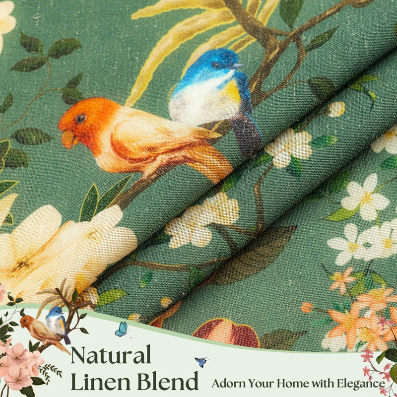Seeluck Spring Boho Olive Green Floral Linen Curtains 90 Inches Long for Living Room 2 Panels Light Filtering Semi Sheer Back Tab Bird Leaf Butterfly Patterned Farmhouse Window Drapes Bedroom Dining Room - Image 3