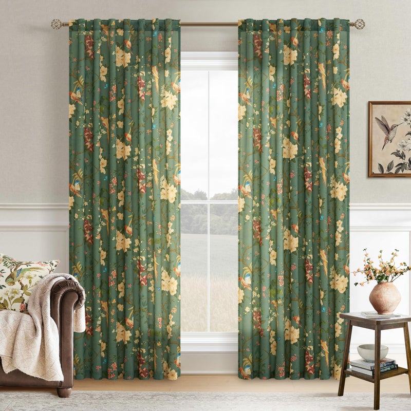 Seeluck Spring Boho Olive Green Floral Linen Curtains 90 Inches Long for Living Room 2 Panels Light Filtering Semi Sheer Back Tab Bird Leaf Butterfly Patterned Farmhouse Window Drapes Bedroom Dining Room - Image 2
