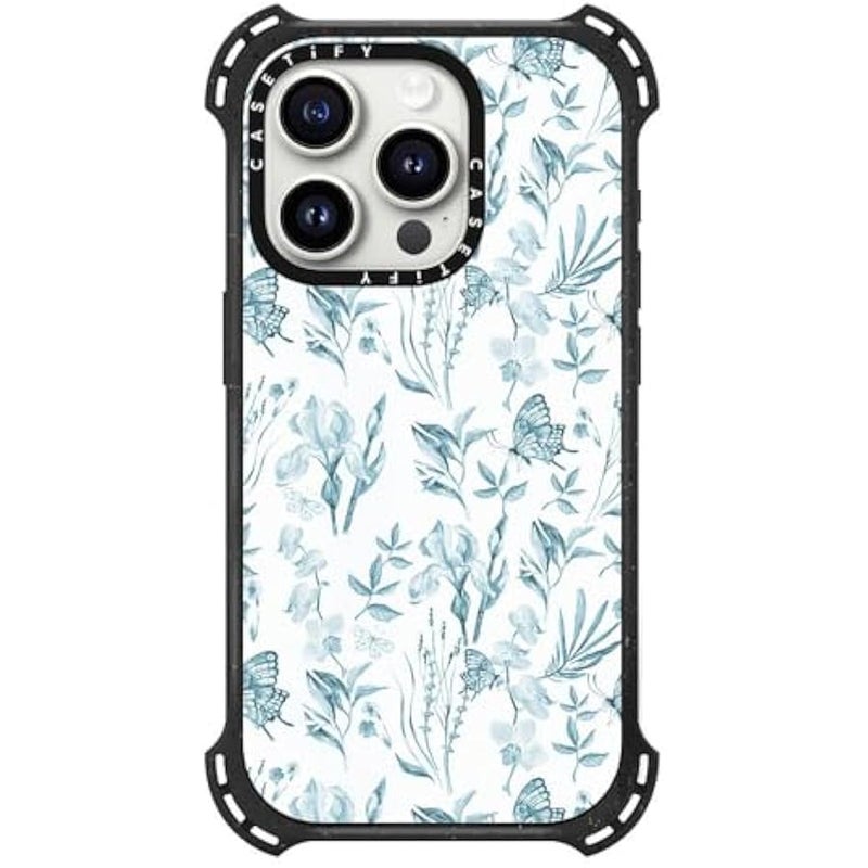 Casetify Bounce iPhone 15 Pro Case 【6X Military Grade Drop Tested / 21.3ft Drop Protection/Compatible with Magsafe】 - Elegant Pastel Blue Vintage erfly Floral - Triple Black - Image 3