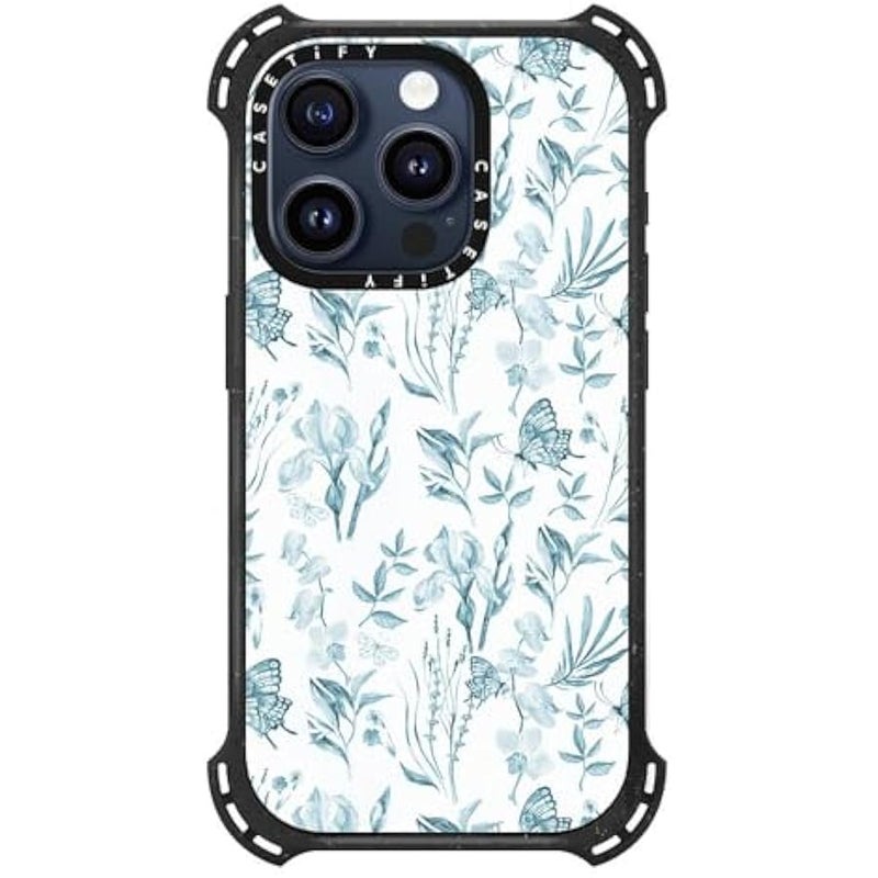 Casetify Bounce iPhone 15 Pro Case 【6X Military Grade Drop Tested / 21.3ft Drop Protection/Compatible with Magsafe】 - Elegant Pastel Blue Vintage erfly Floral - Triple Black - Image 2