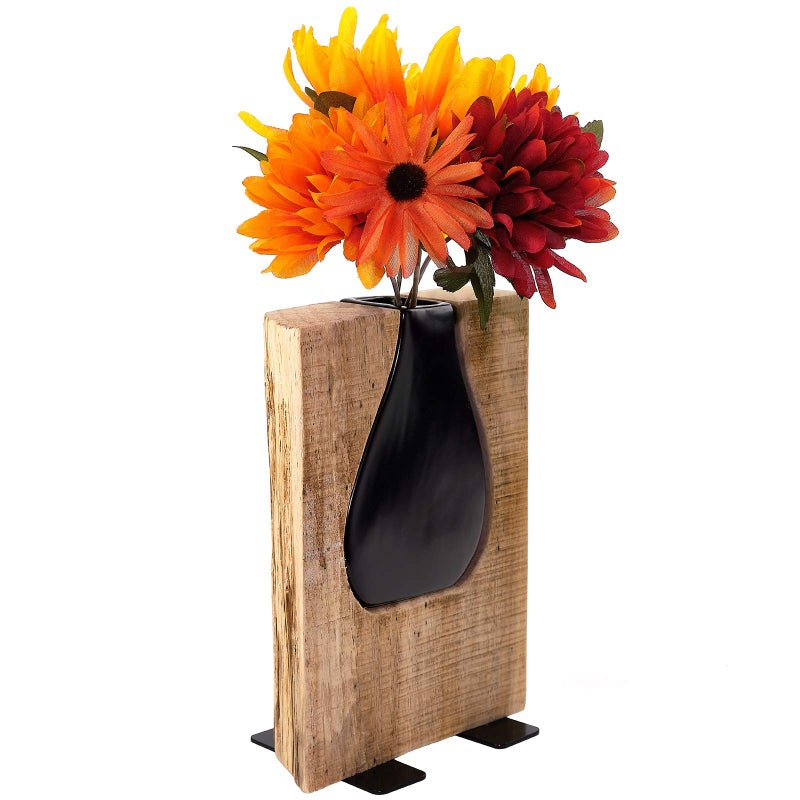 Excello Global Products Excello Global Products Matte Black Glass and Wood Vase  Rustic Flower Vase Decorative Centerpieces for Dining Room Table Coffee Tables Vintage Farmhouse Decor Short  8 x 6