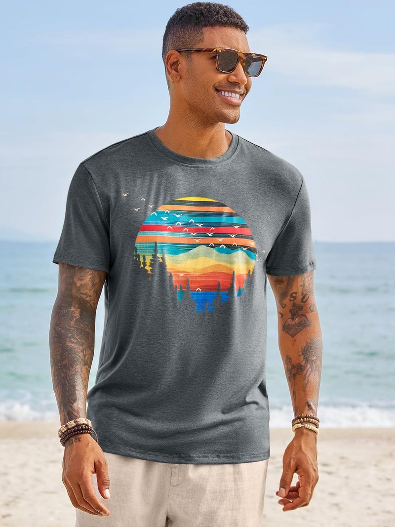 Runcati Mens Short Sleeve T-Shirts Graphic Crewneck Casual Printed Tee Summer Beach Hawaiian Vintage Shirts Grey - Image 2