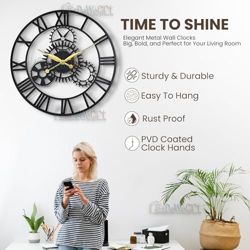 DeWoGift 24 Inch Large Metal Wall Clock with Fixed Gears – Decorative Industrial Vintage Wall Watch for Living Room, Bedroom & Office – Modern Silent Quartz Roman Numeral Home Decor - Image 5