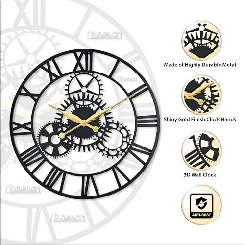 DeWoGift 24 Inch Large Metal Wall Clock with Fixed Gears – Decorative Industrial Vintage Wall Watch for Living Room, Bedroom & Office – Modern Silent Quartz Roman Numeral Home Decor - Image 2
