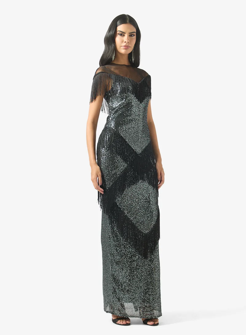 sequin trim layers tuelle dress